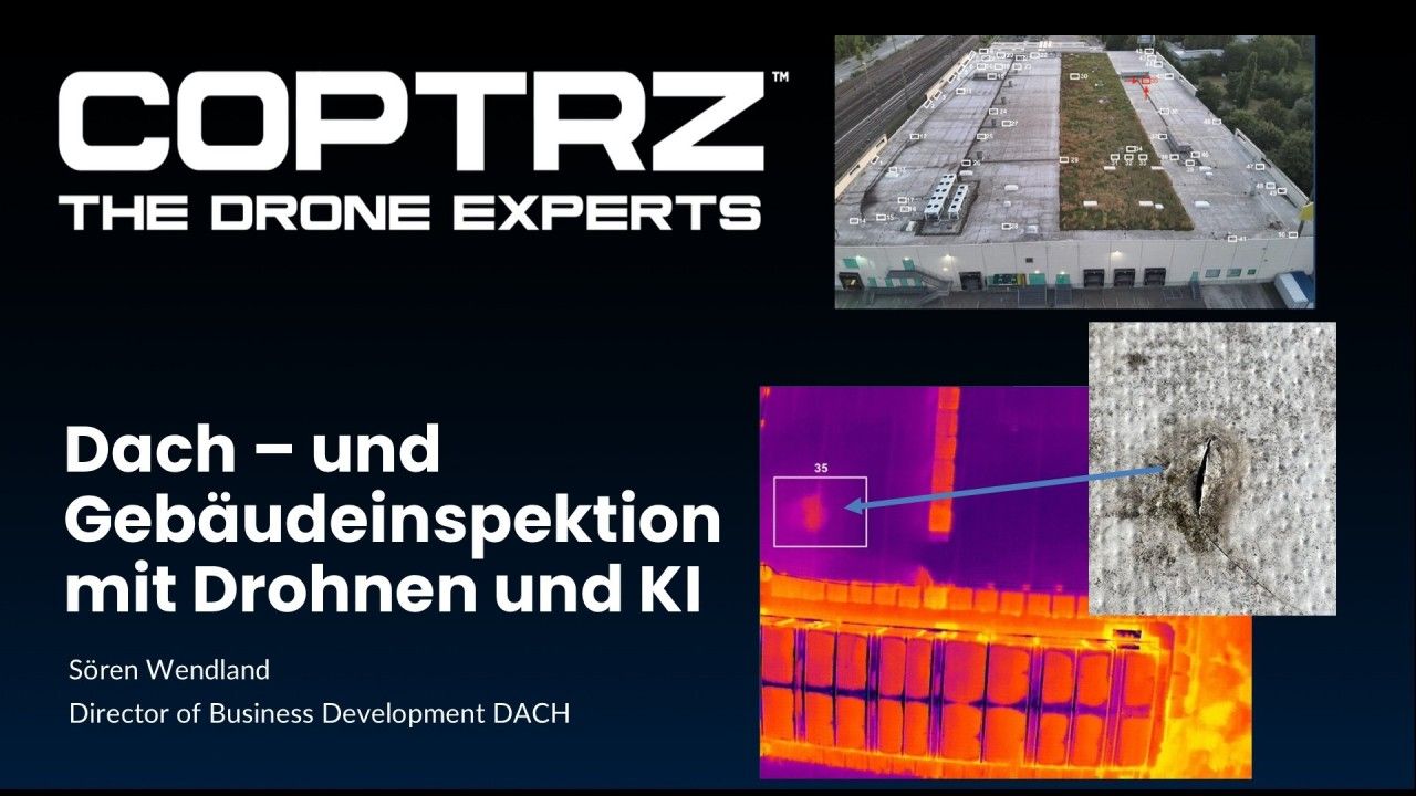 Präsentationsfolie: COPTRZ-Logo, Drohneninspektion mit KI und Wärmebild des Daches.