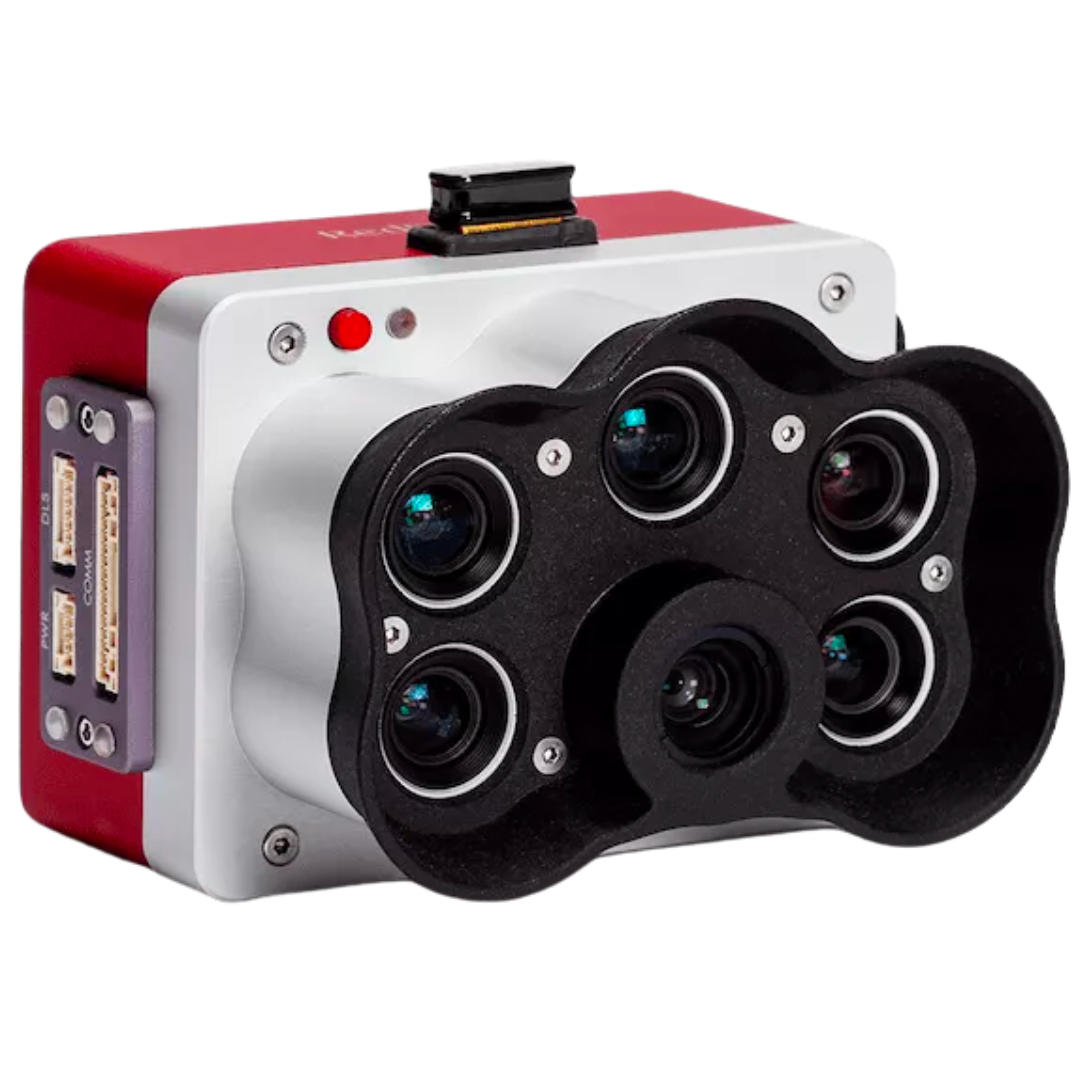 A red and white camera with four lenses on a white background