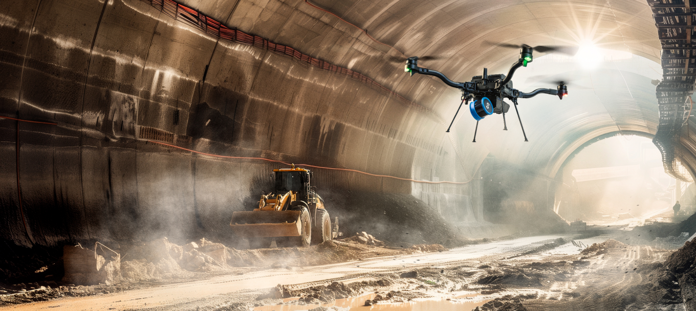Drohne fliegt in einem im Bau befindlichen Tunnel, mit Licht am Ende und einem Bulldozer.