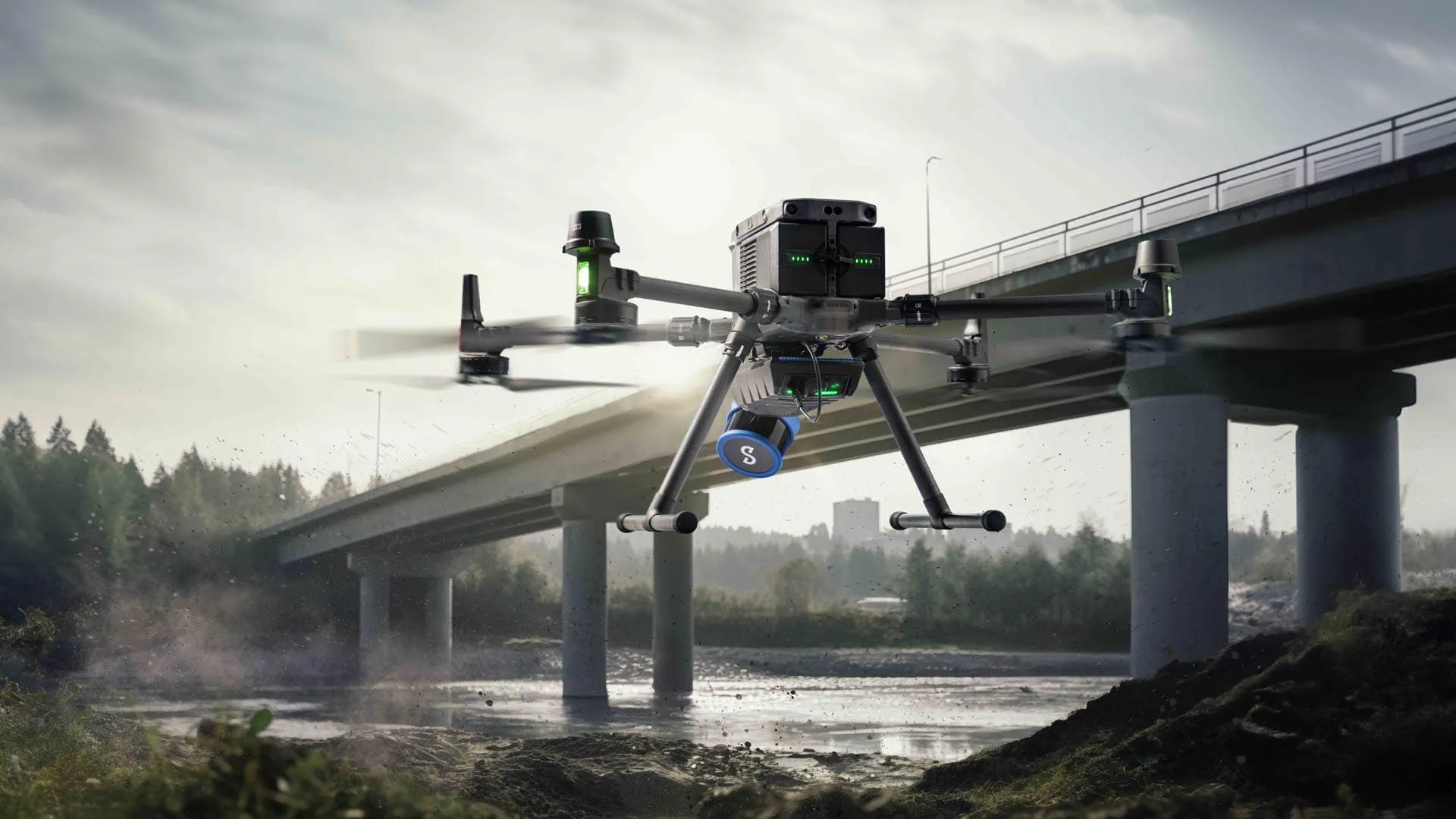 Drohne inspiziert eine Brücke über einen Fluss.