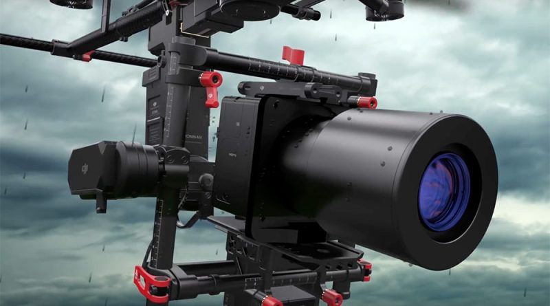A camera is sitting on top of a gimbal in the rain.