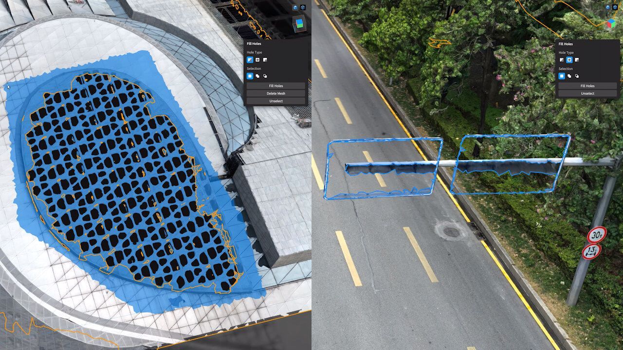 An aerial view of a building next to a road and a street light.