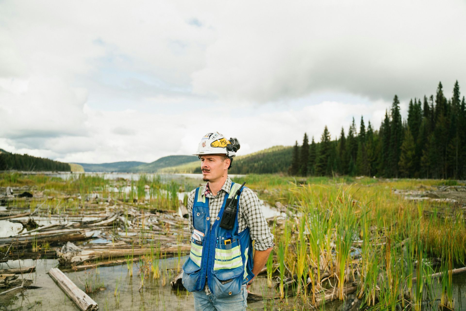 A man wearing a hard hat and safety vest is standing in a field.