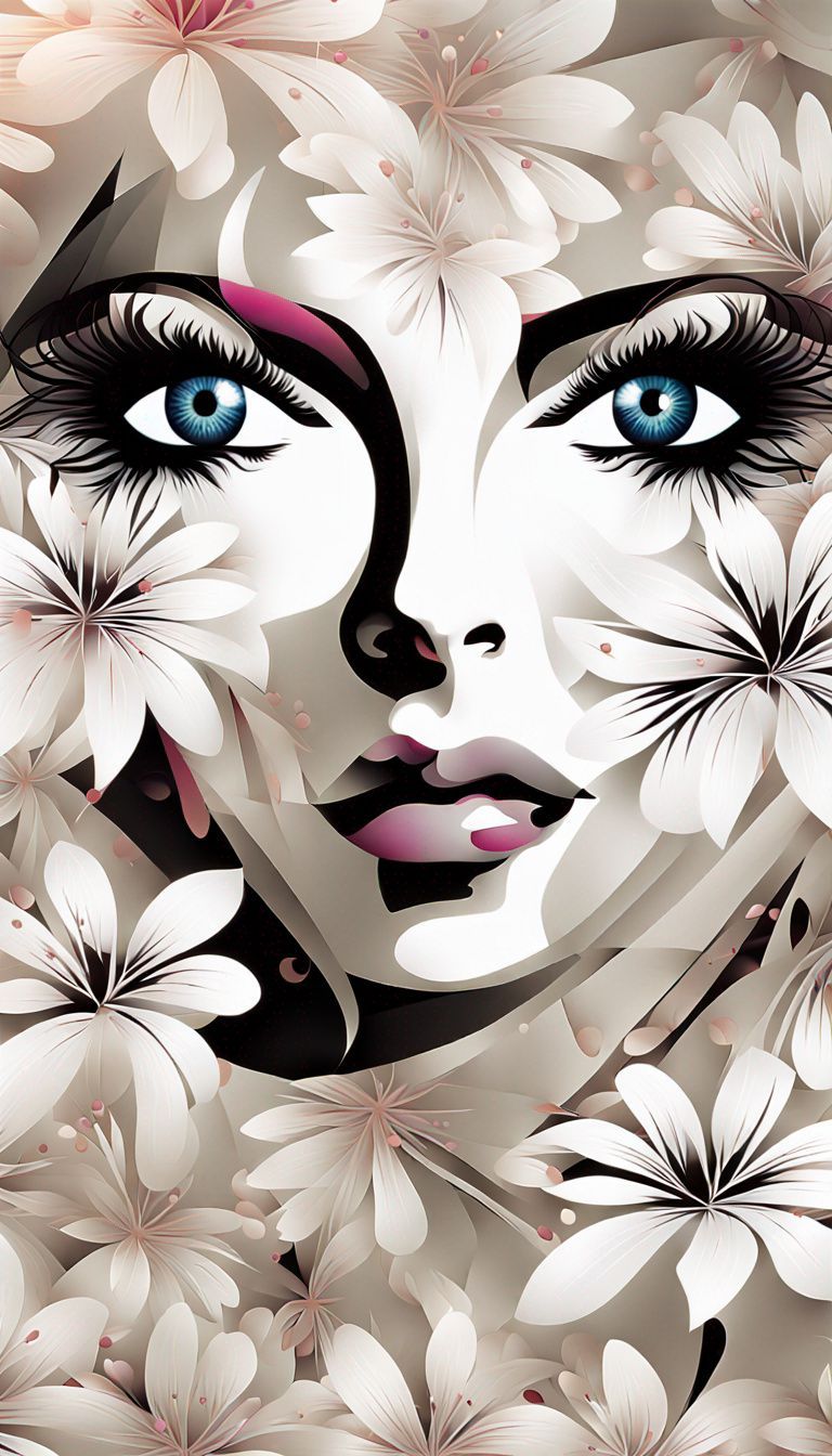 A woman 's face is surrounded by white flowers.