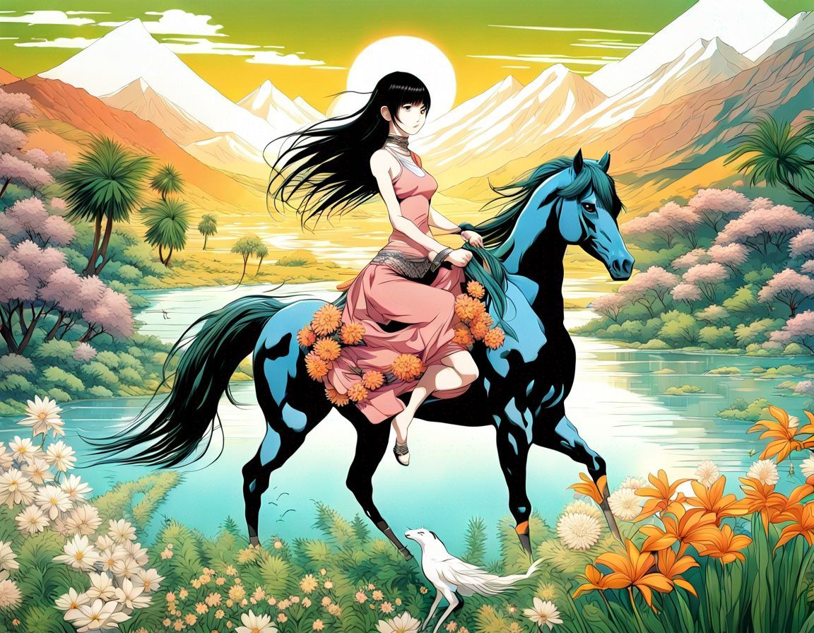 A woman in a pink dress is riding a blue horse.