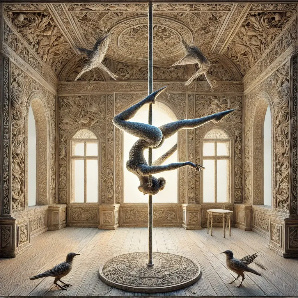 A statue of a woman on a pole in a room with birds.