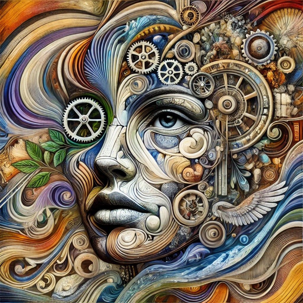 A colorful painting of a woman 's face made of gears and leaves.