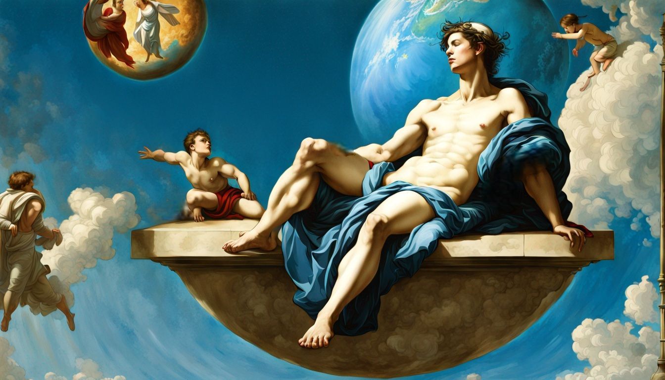 A painting of a man sitting on top of a globe