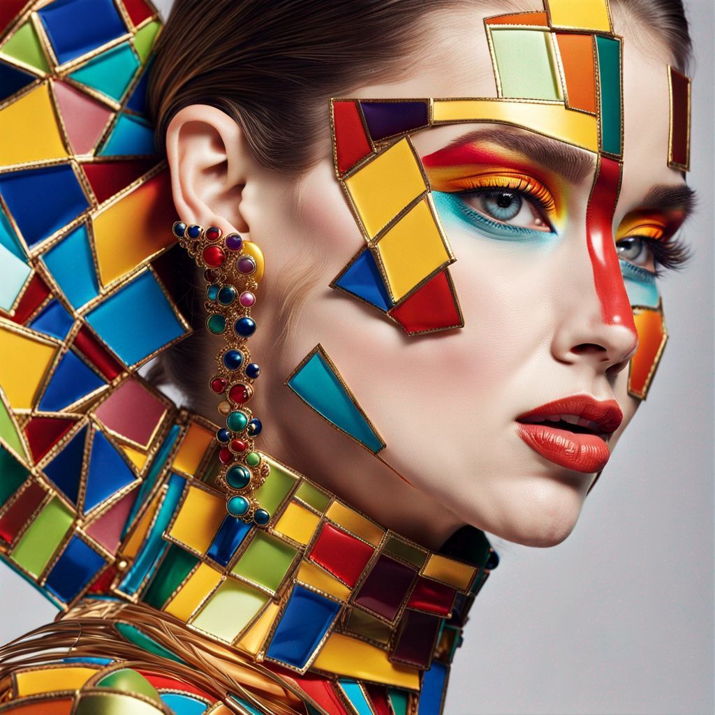A woman with colorful makeup on her face and neck