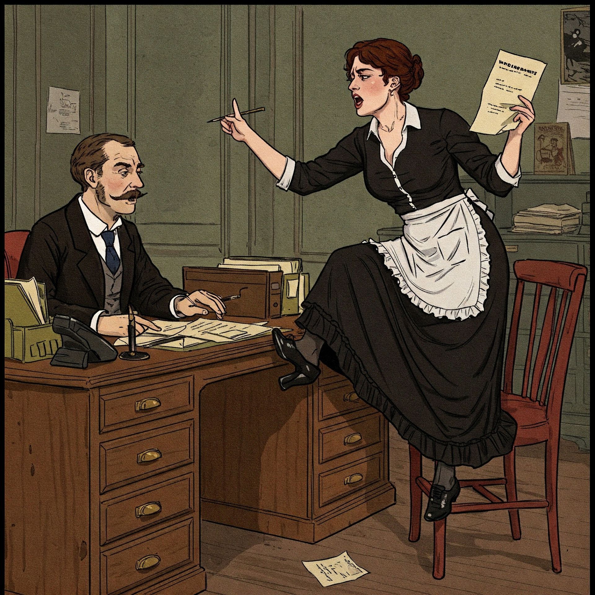 A drawing of a woman sitting on a desk talking to a man