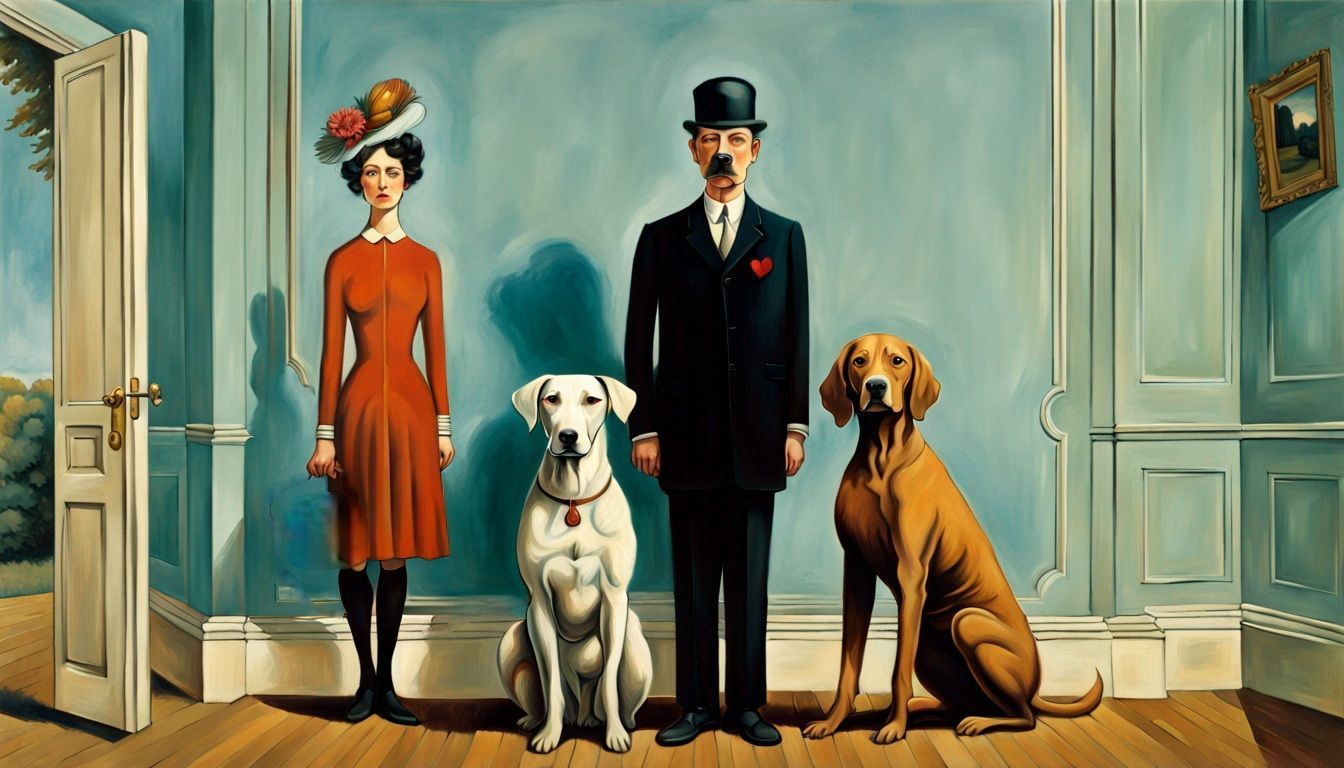 A painting of a man and woman standing next to two dogs