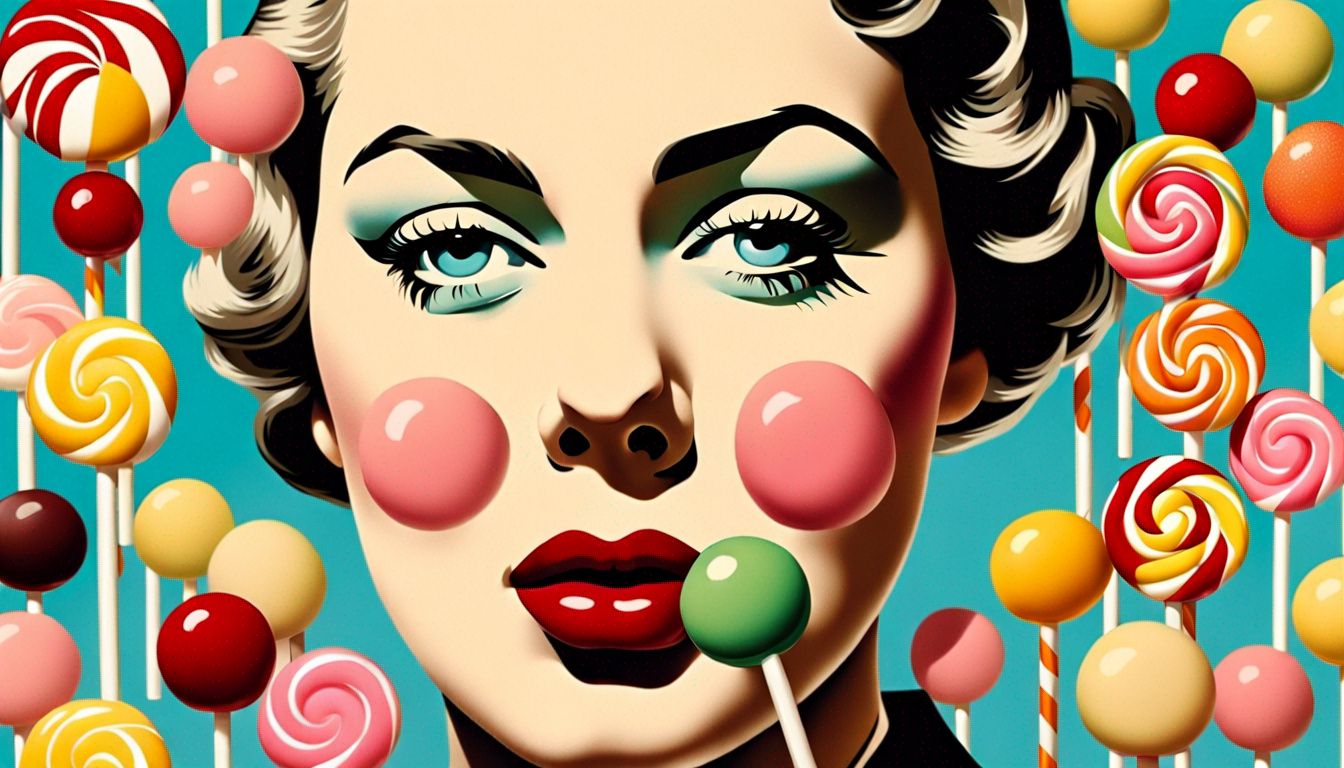 A woman with a lollipop in her mouth is surrounded by colorful lollipops.
