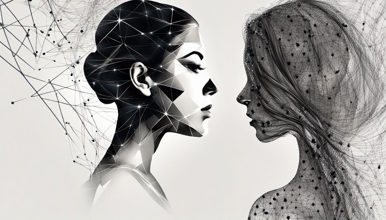 A black and white drawing of two women looking at each other.