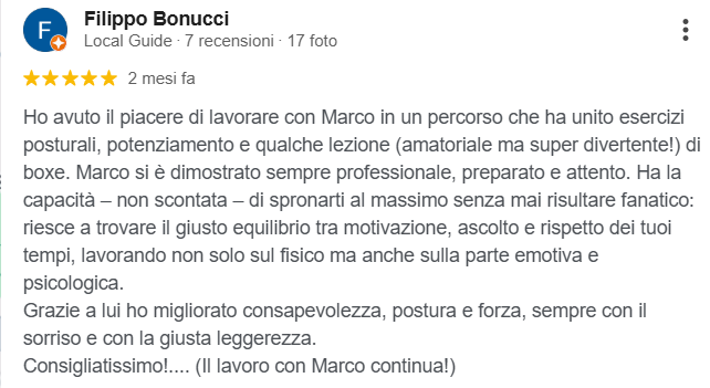Recensione del coaching fitness di Marco, in cui si elogia la sua professionalità, l'approccio personalizzato e l'impatto positivo.
