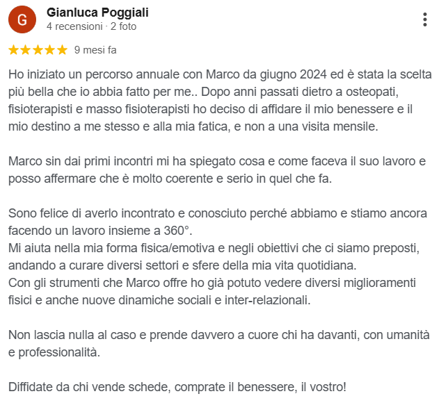 Recensione di Marco, che elogia il suo approccio di coaching, sottolineando l'autosufficienza e il benessere olistico.