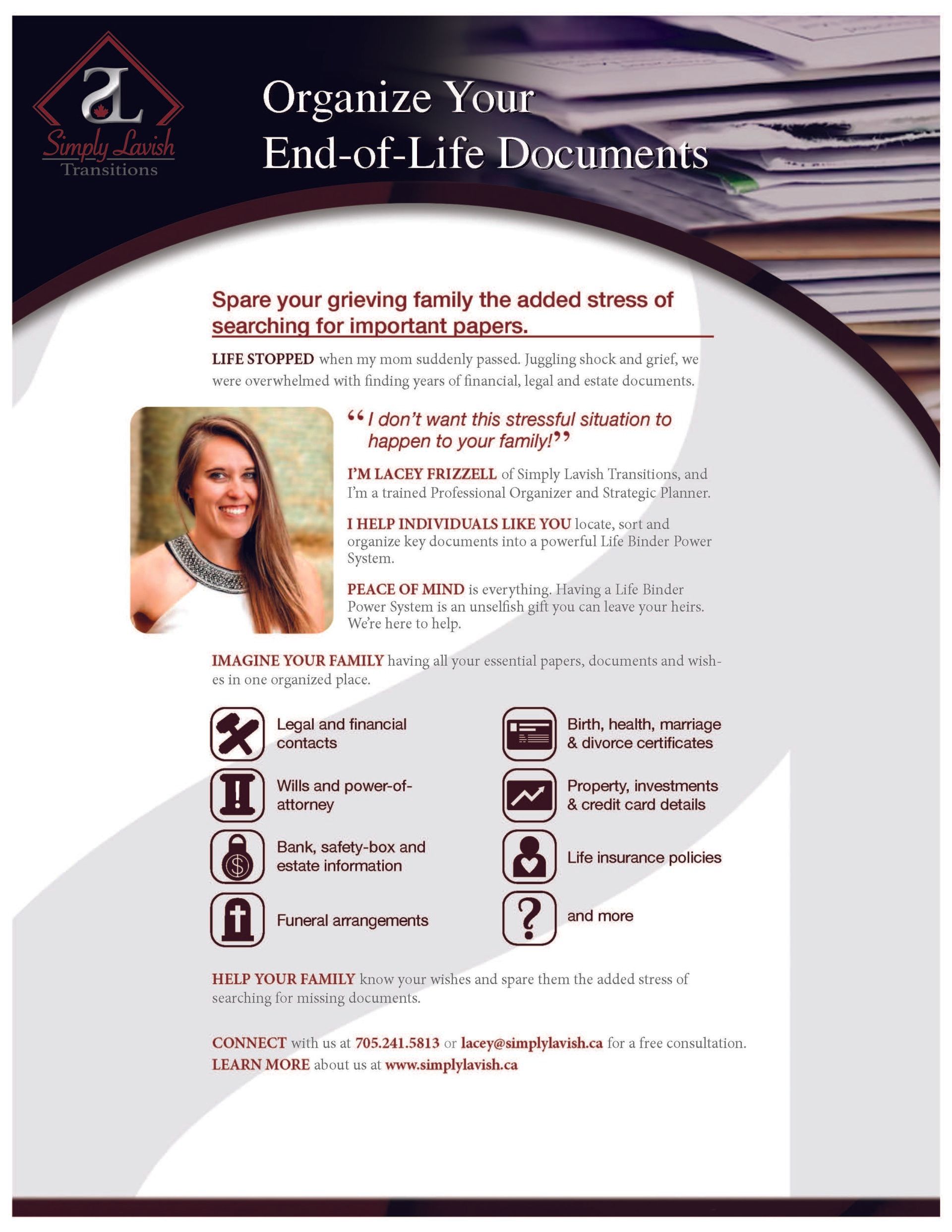 A flyer for organizing your end of life documents with a picture of a woman.
