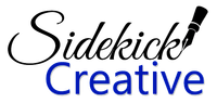 A logo for sidekick creative with a pen in the middle