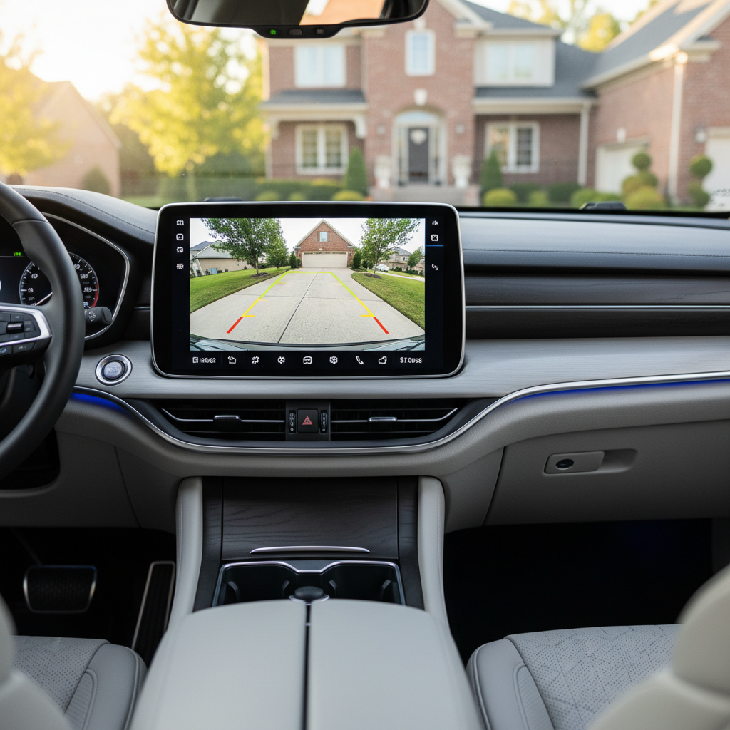 Car interior view of dashboard displaying a backup camera view of a driveway with a brick house.