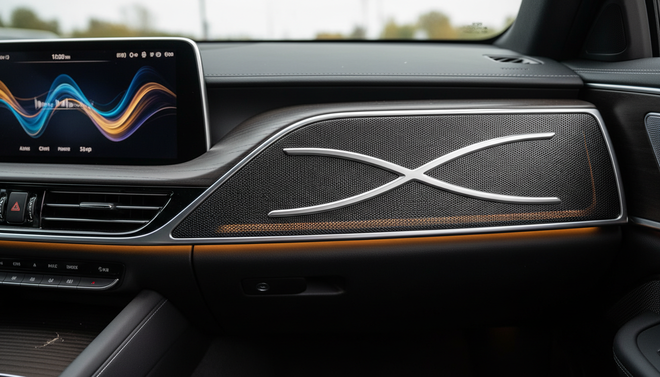Car dashboard interior with screen, textured panel, and silver design.