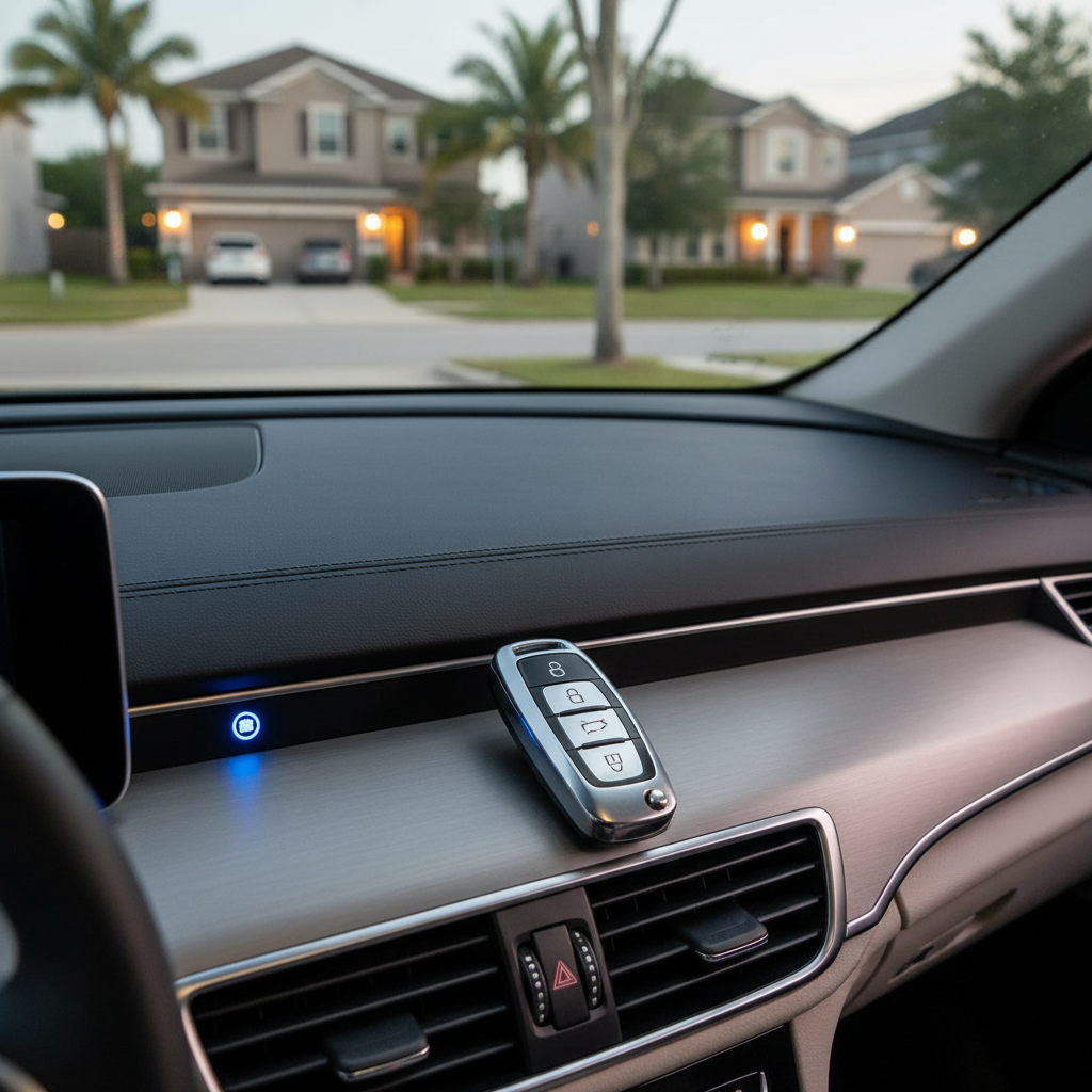Car interior view with key fob on dashboard; houses in the background.