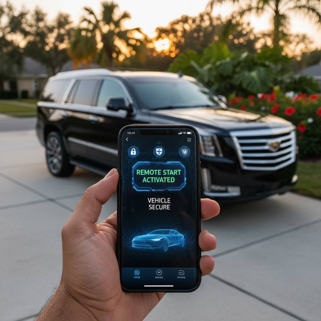 Person holding phone, showing remote start activated, with black SUV in background.