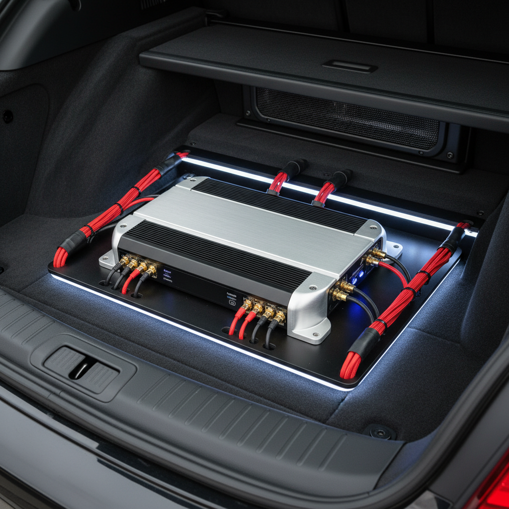 Car trunk with audio amplifier mounted on a black platform, illuminated by white LED lights.