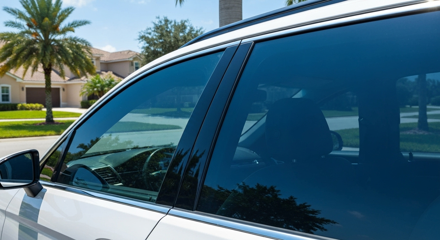 White car with tinted windows parked on a sunny residential street; palm trees in the background.