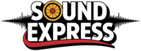 Logo for Sound Express, featuring white text over a black sound wave, a red and black underline, and a gold emblem.