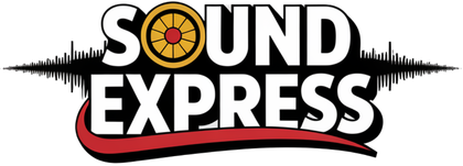 Sound Express logo with text and soundwave graphic. Red curve underlines 