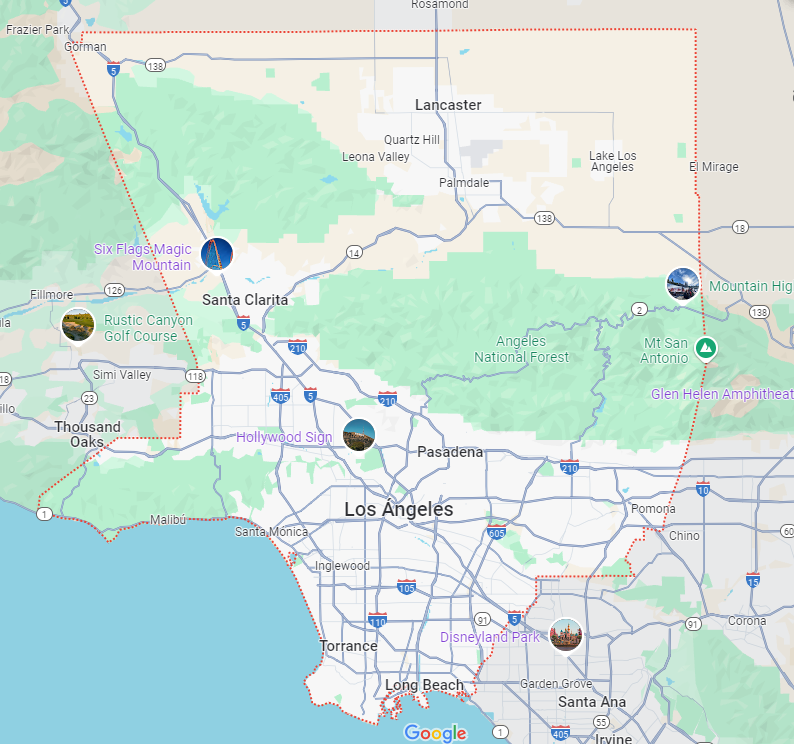 A map of los angeles is shown on google maps.