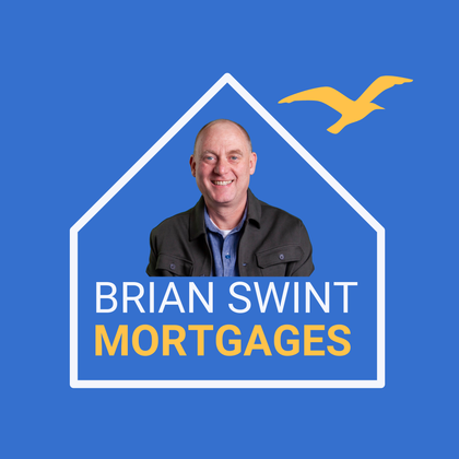 Headshot of Brian Swint inside a house-shaped outline with a yellow bird icon, with his name and "MORTGAGES" on blue.