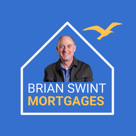 Headshot of Brian Swint inside a house-shaped outline with a yellow bird icon, with his name and "MORTGAGES" on blue.