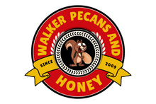 A logo for walker pecans and honey with a squirrel on it