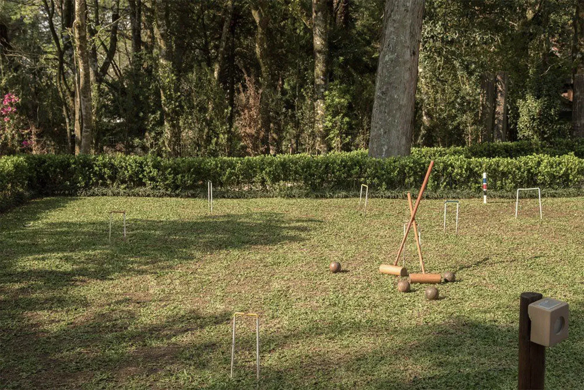 Clareira gramada no parque com árvores e sebes, demarcada por pequenas estacas e alguns postes de madeira.