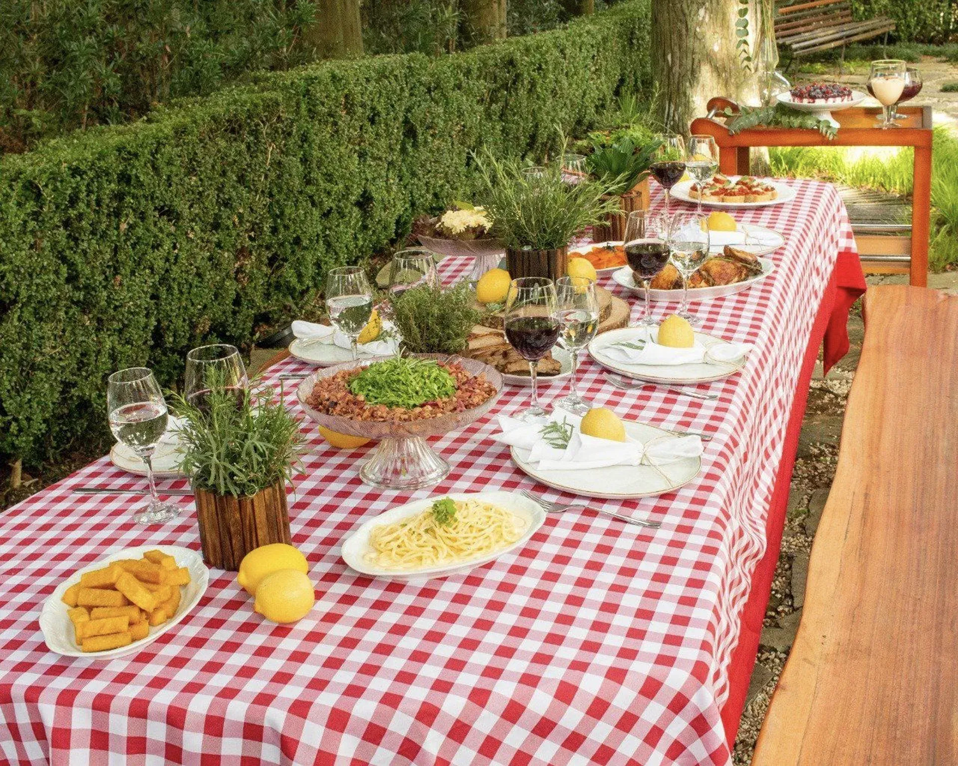 Mesa de buffet ao ar livre com toalha xadrez vermelha e branca, comida, bebidas e flores ao lado de uma sebe.