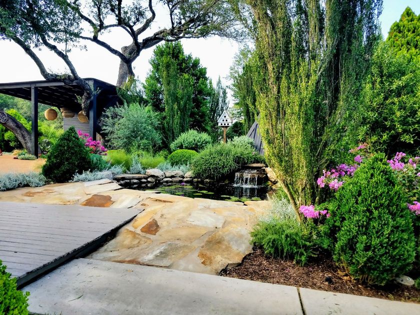 A lush green garden with a waterfall in the middle