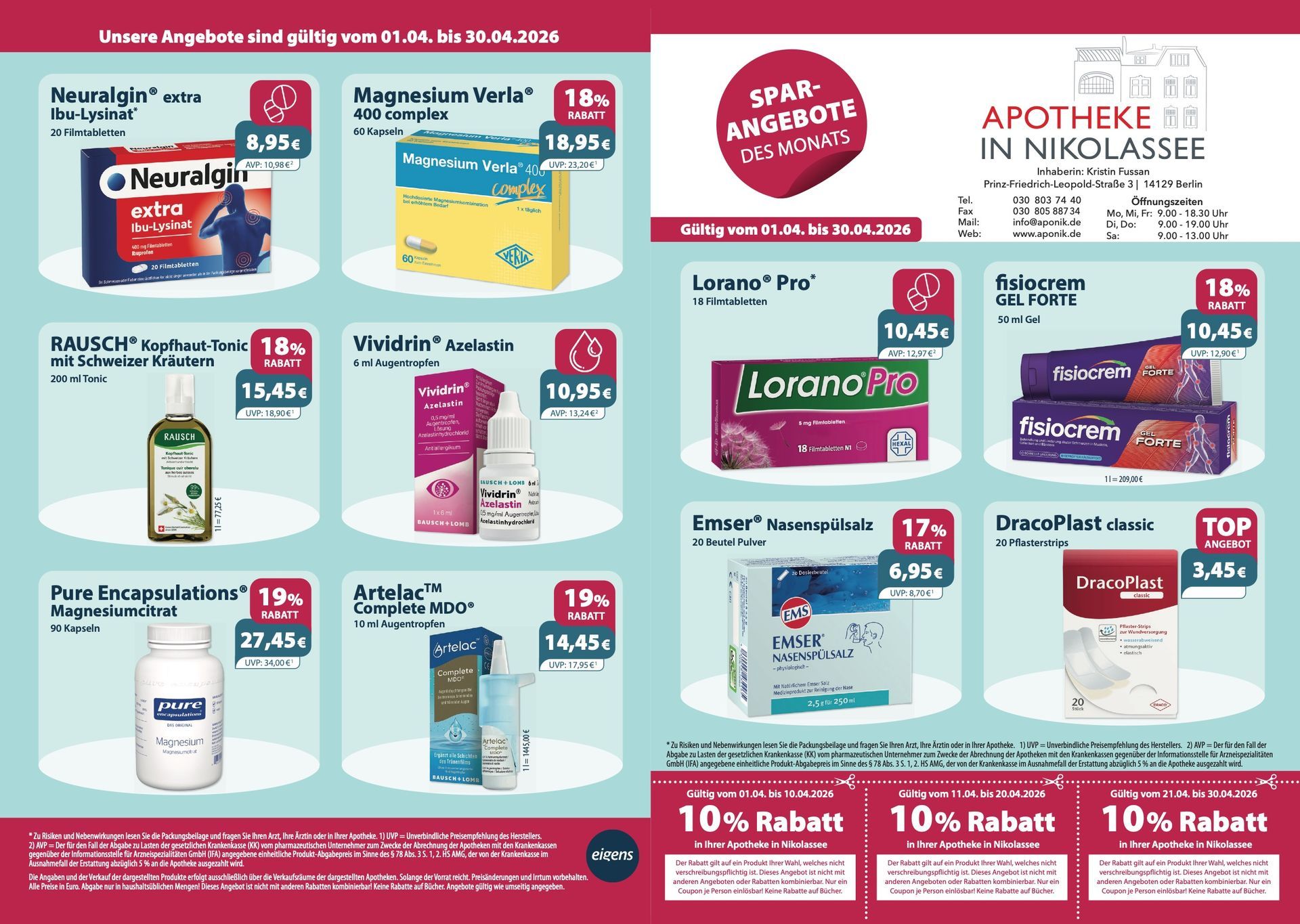 Ein Flyer für eine Apotheke mit vielen Produkten darauf