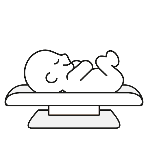 Eine Schwarzweißzeichnung eines Babys, das auf einer Waage liegt.