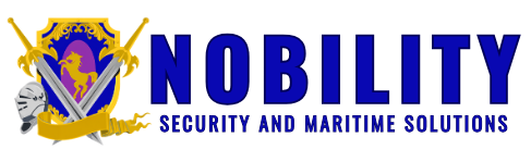 Logo for Nobility Security and Maritime Solutions, blue text with a coat of arms symbol.