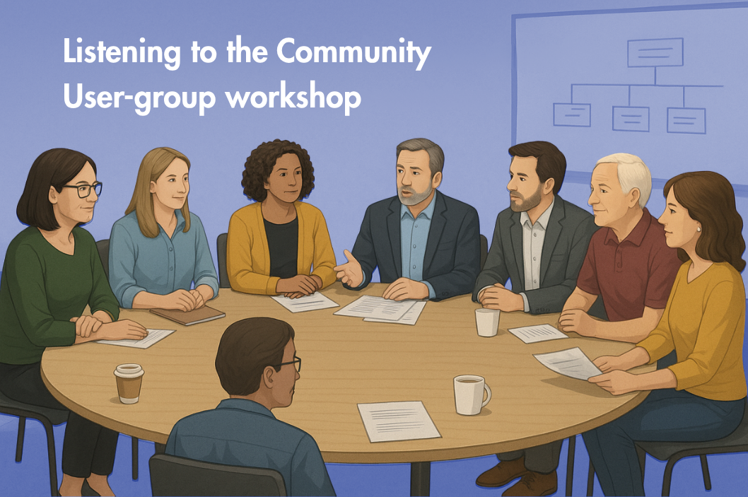 Group of people around a table in a user-group workshop, listening and discussing.