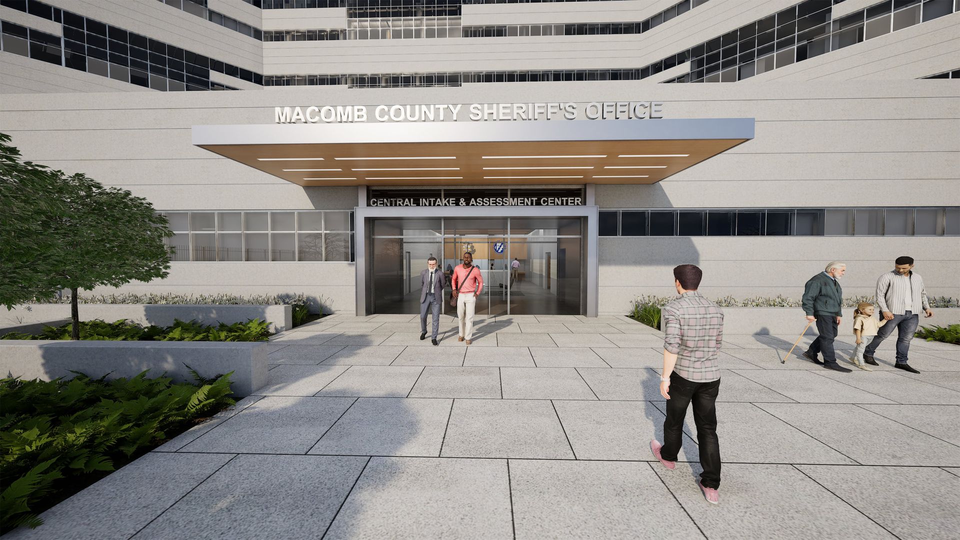 Entrance to Tazewell County Justice Center with people walking in and out.