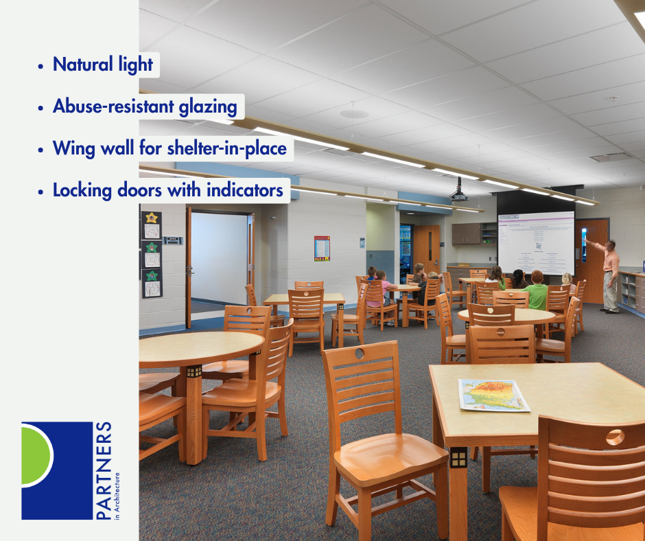 A school library with tables, chairs, and children. Safety features include natural light and locking doors.