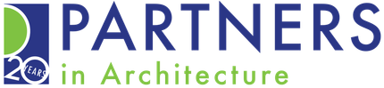 Partners in Architecture logo with green and blue elements.