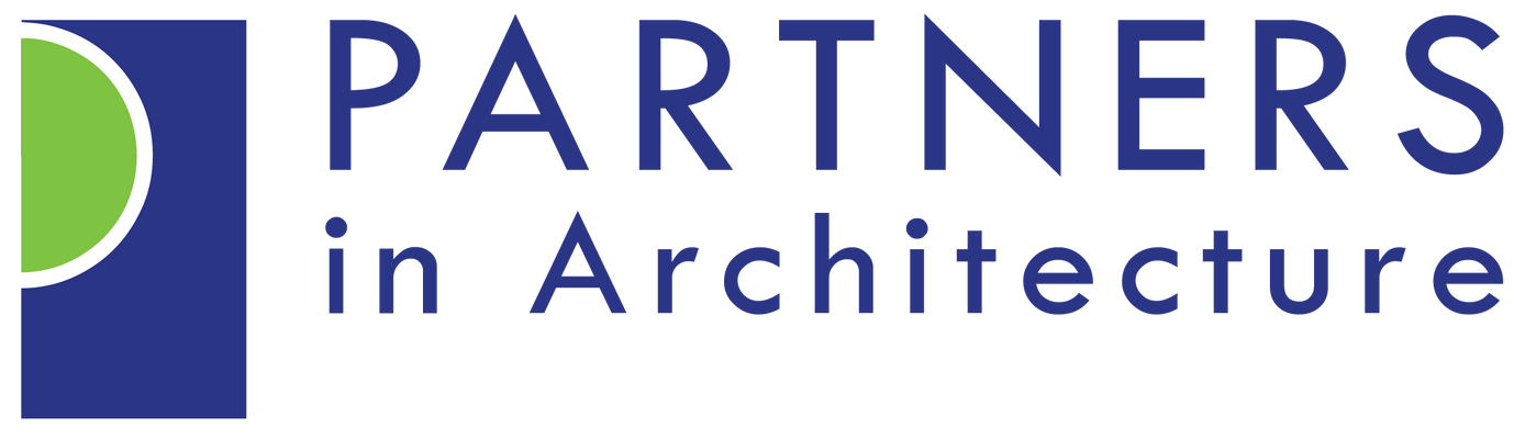 Logo for Partners in Architecture. A blue square contains a green arc with white P, and text in blue.