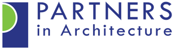 Logo for Partners in Architecture. A blue square contains a green arc with white P, and text in blue.