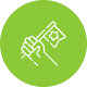 Hand holding a flag with a star on it, green background.