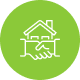 Green circle with a house on top of shaking hands, representing real estate.