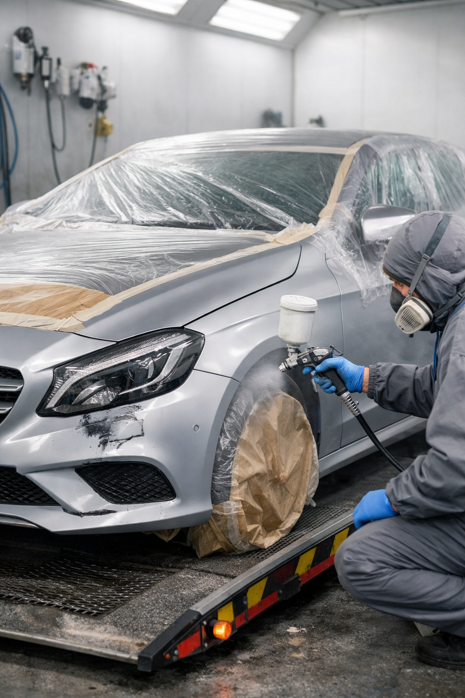 Person re-spraying siler Mercedes