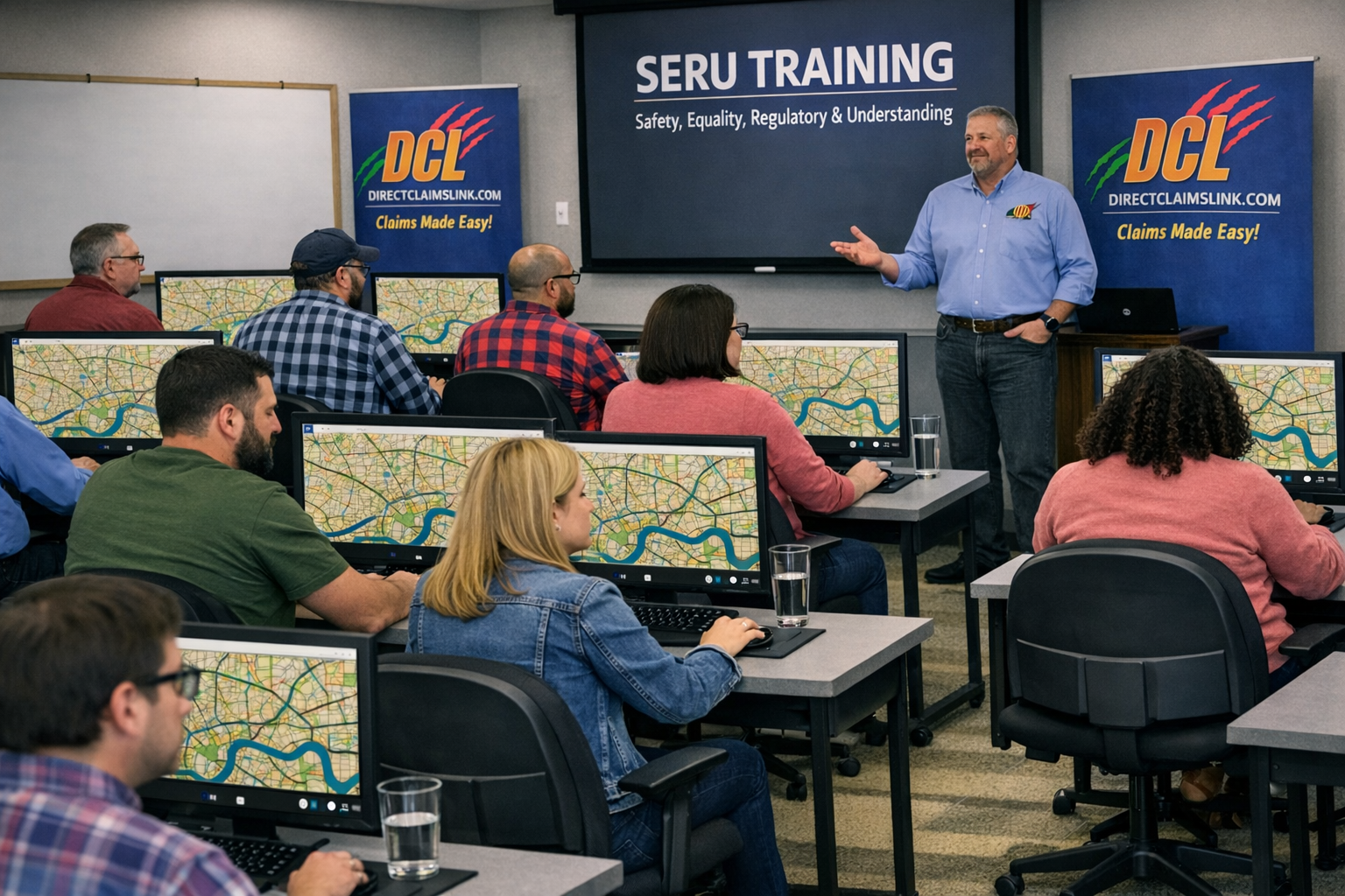 An instructor leads a SERU training class for a group of people sitting at computer terminals displaying map software.