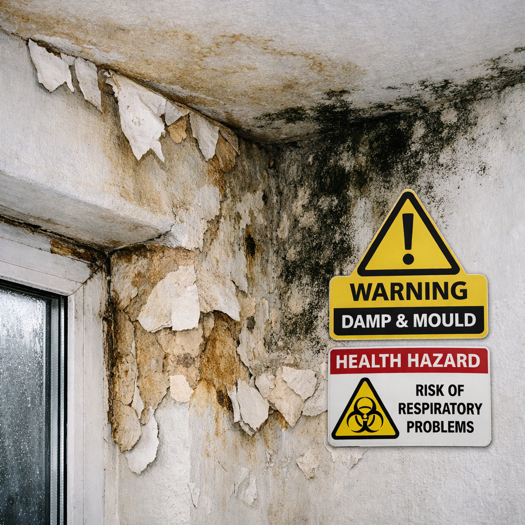 Home damp, mould or damage with warning sign